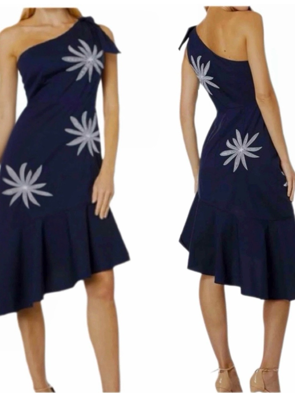 MILLY Beatrice Navy Embroidered Poplin One-Shoulder Dress Size 10
